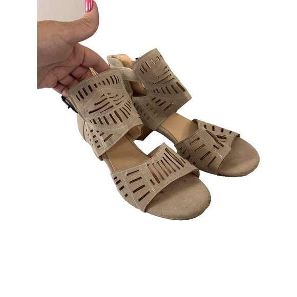 Boho Coastal Block Heel Sandals 42 10 Laser Cut Geo Ankle Cuff Neutral Western - Picture 3 of 15